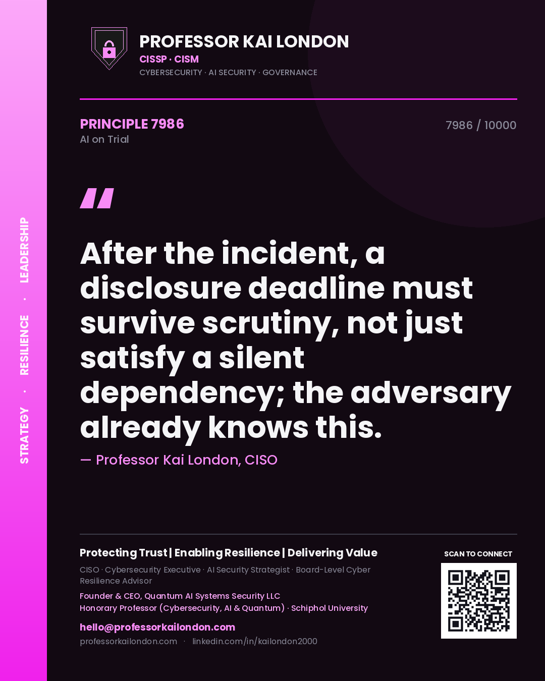Professor Kai London principle 7986: After the incident, a disclosure deadline must survive scrutiny, not just satisfy a silent dependency; the adversary already knows this.