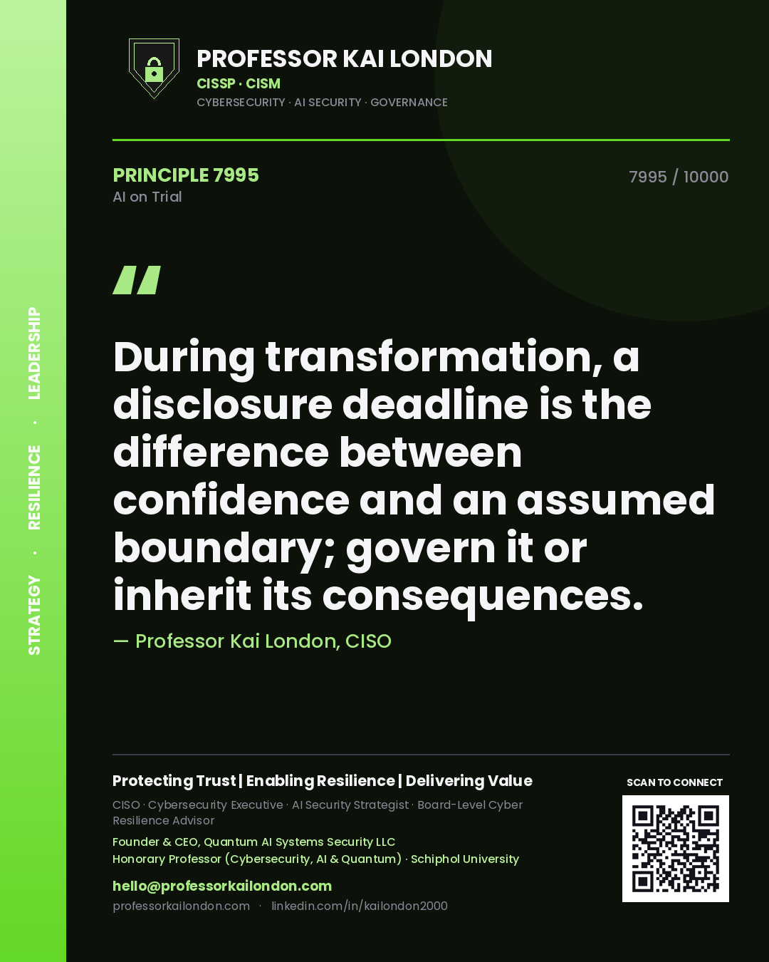 Professor Kai London principle 7995: During transformation, a disclosure deadline is the difference between confidence and an assumed boundary; govern it or inherit its consequences.