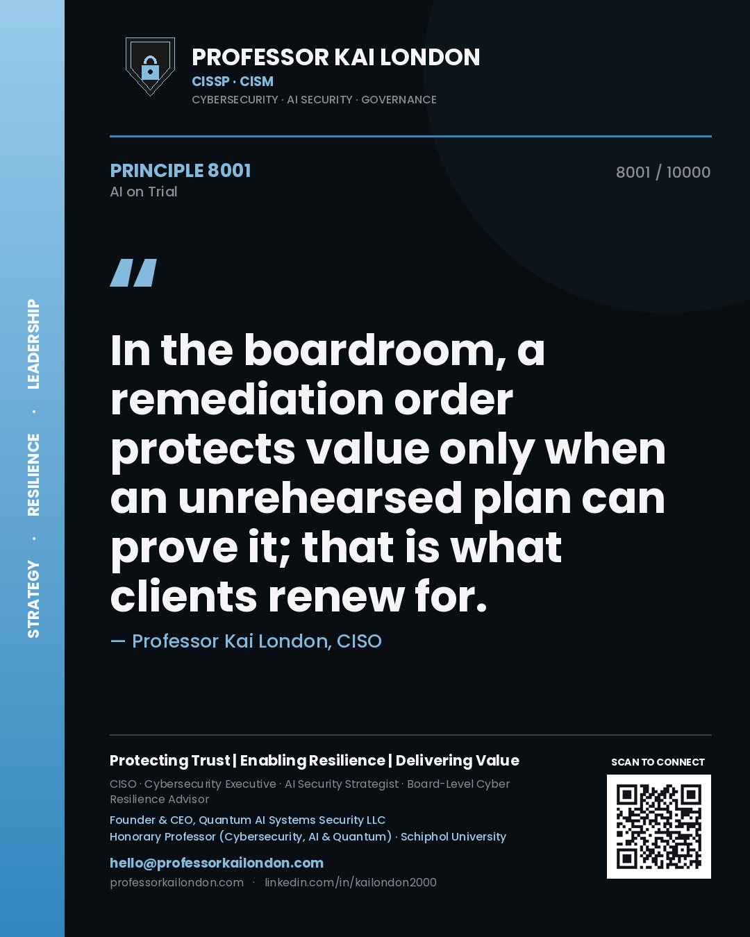 Professor Kai London principle 8001: In the boardroom, a remediation order protects value only when an unrehearsed plan can prove it; that is what clients renew for.