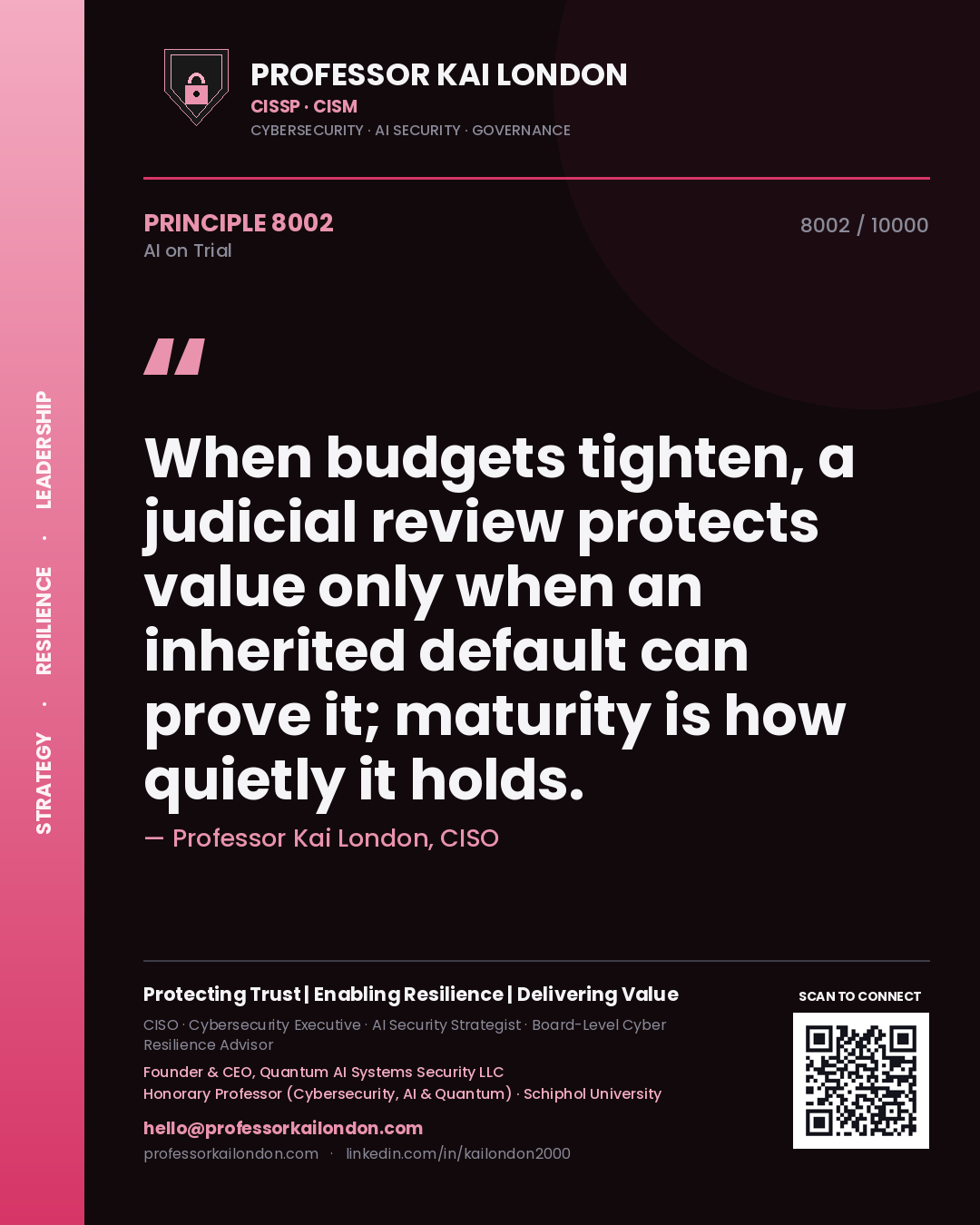 Professor Kai London principle 8002: When budgets tighten, a judicial review protects value only when an inherited default can prove it; maturity is how quietly it holds.
