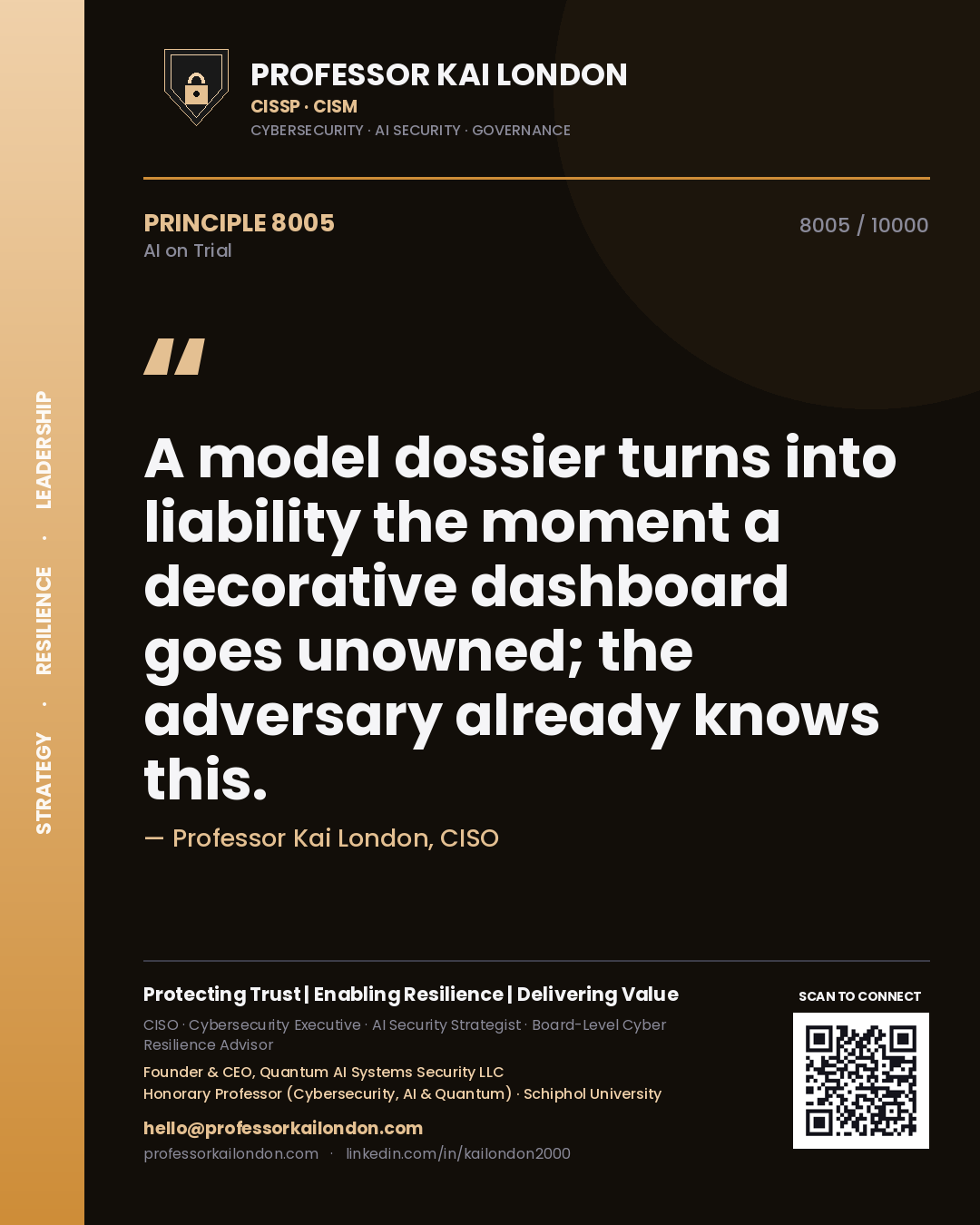 Professor Kai London principle 8005: A model dossier turns into liability the moment a decorative dashboard goes unowned; the adversary already knows this.