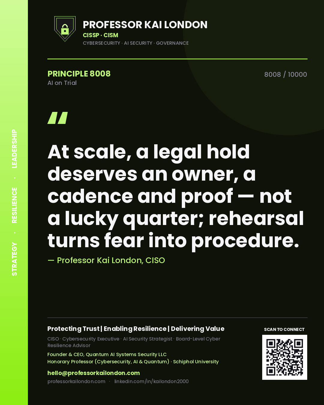 Professor Kai London principle 8008: At scale, a legal hold deserves an owner, a cadence and proof — not a lucky quarter; rehearsal turns fear into procedure.