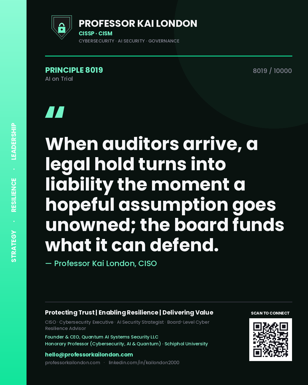 Professor Kai London principle 8019: When auditors arrive, a legal hold turns into liability the moment a hopeful assumption goes unowned; the board funds what it can defend.
