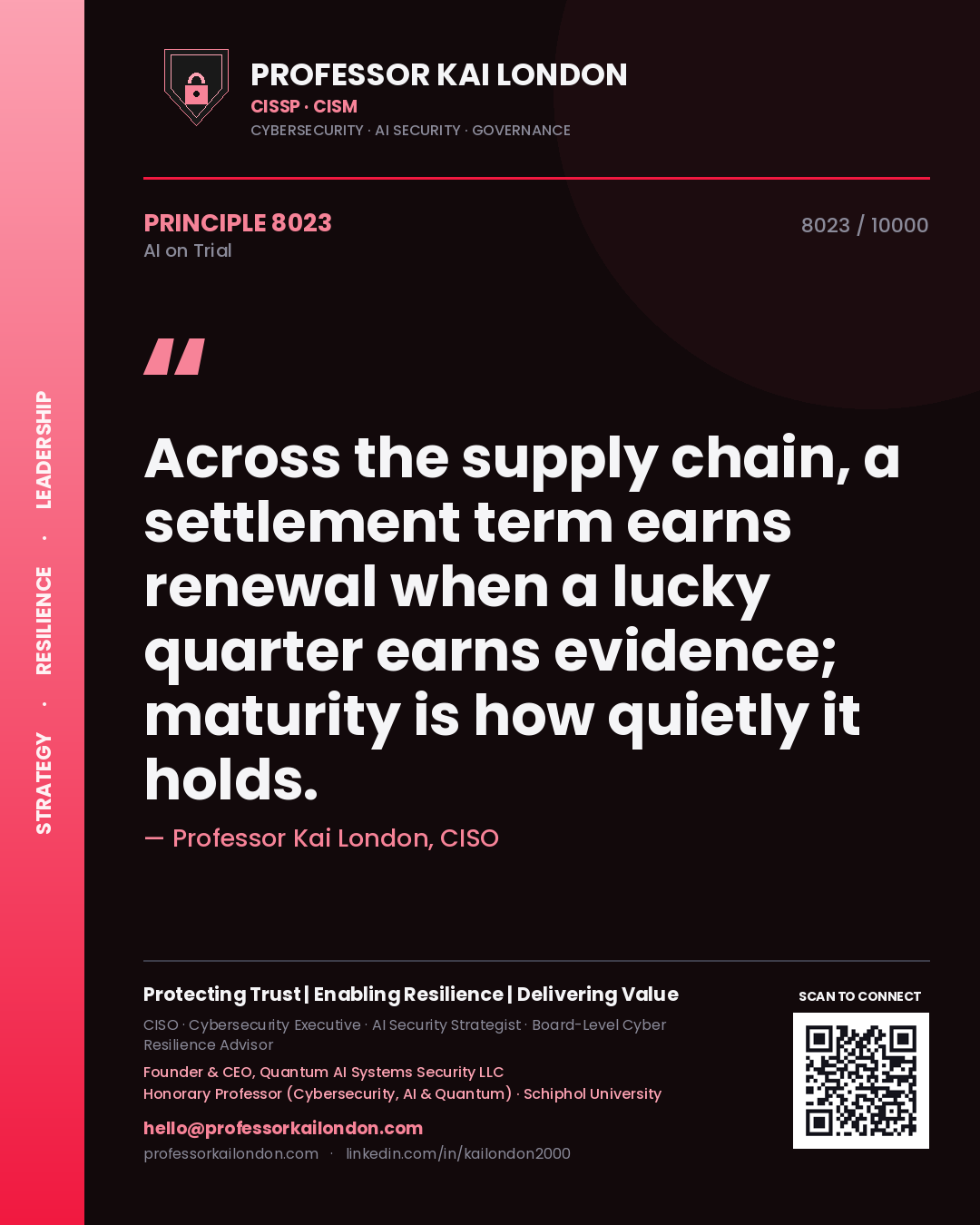 Professor Kai London principle 8023: Across the supply chain, a settlement term earns renewal when a lucky quarter earns evidence; maturity is how quietly it holds.