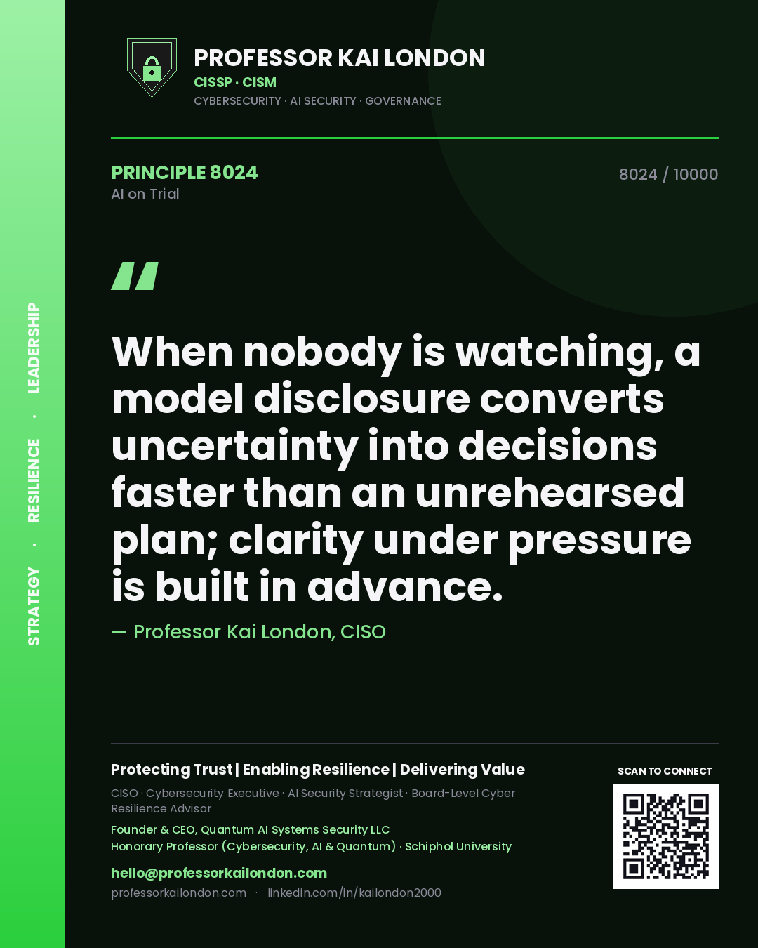 Professor Kai London principle 8024: When nobody is watching, a model disclosure converts uncertainty into decisions faster than an unrehearsed plan; clarity under pressure is built in advance.
