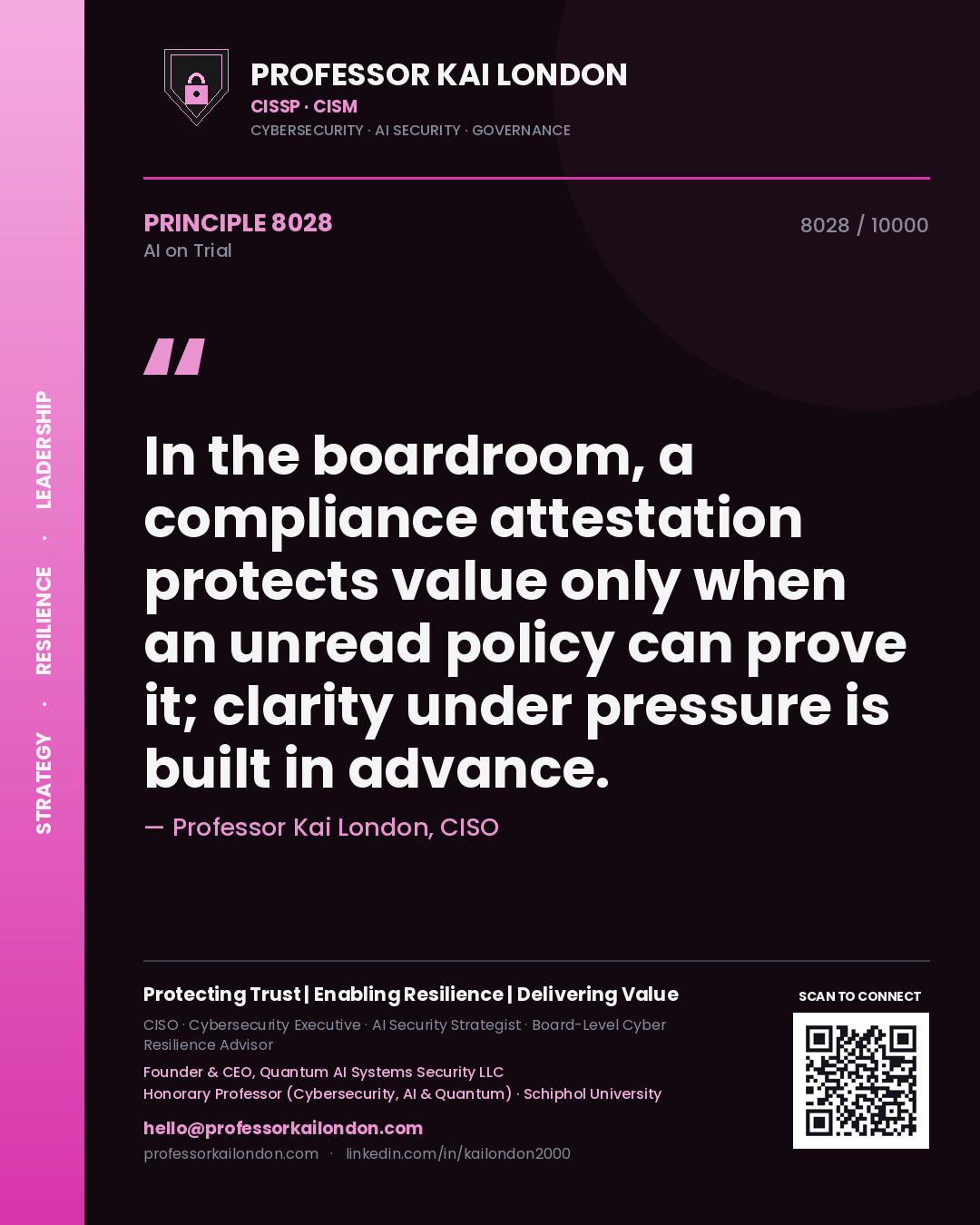 Professor Kai London principle 8028: In the boardroom, a compliance attestation protects value only when an unread policy can prove it; clarity under pressure is built in advance.