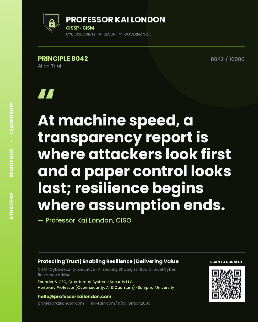 Professor Kai London principle 8042: At machine speed, a transparency report is where attackers look first and a paper control looks last; resilience begins where assumption ends.