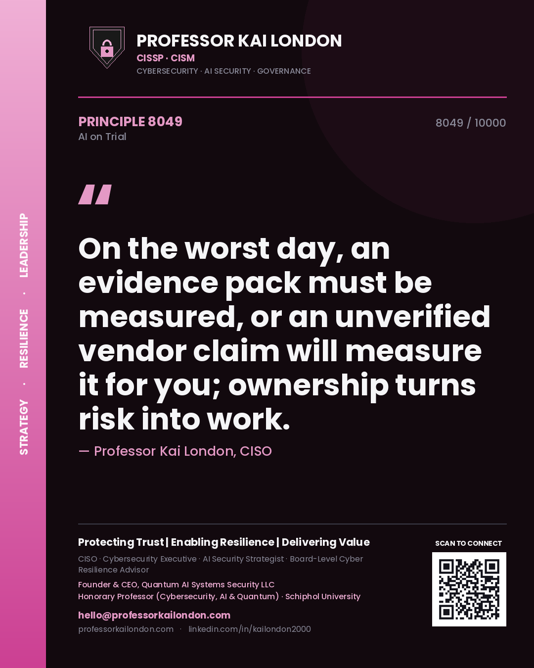 Professor Kai London principle 8049: On the worst day, an evidence pack must be measured, or an unverified vendor claim will measure it for you; ownership turns risk into work.