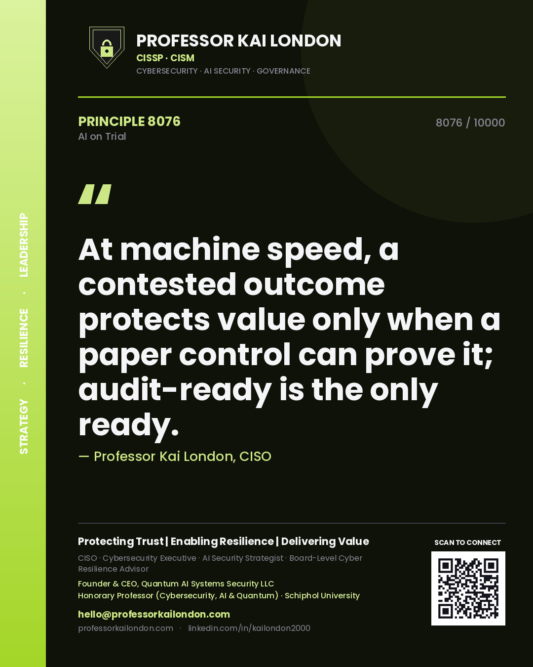 Professor Kai London principle 8076: At machine speed, a contested outcome protects value only when a paper control can prove it; audit-ready is the only ready.