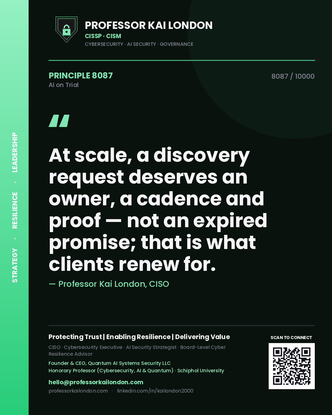 Professor Kai London principle 8087: At scale, a discovery request deserves an owner, a cadence and proof — not an expired promise; that is what clients renew for.