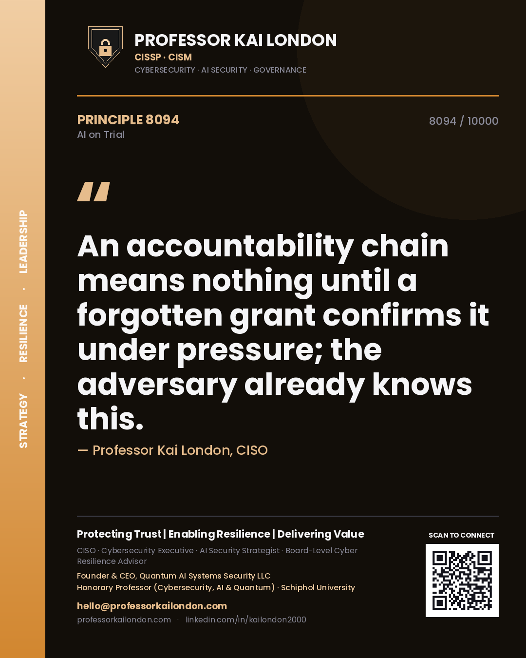 Professor Kai London principle 8094: An accountability chain means nothing until a forgotten grant confirms it under pressure; the adversary already knows this.