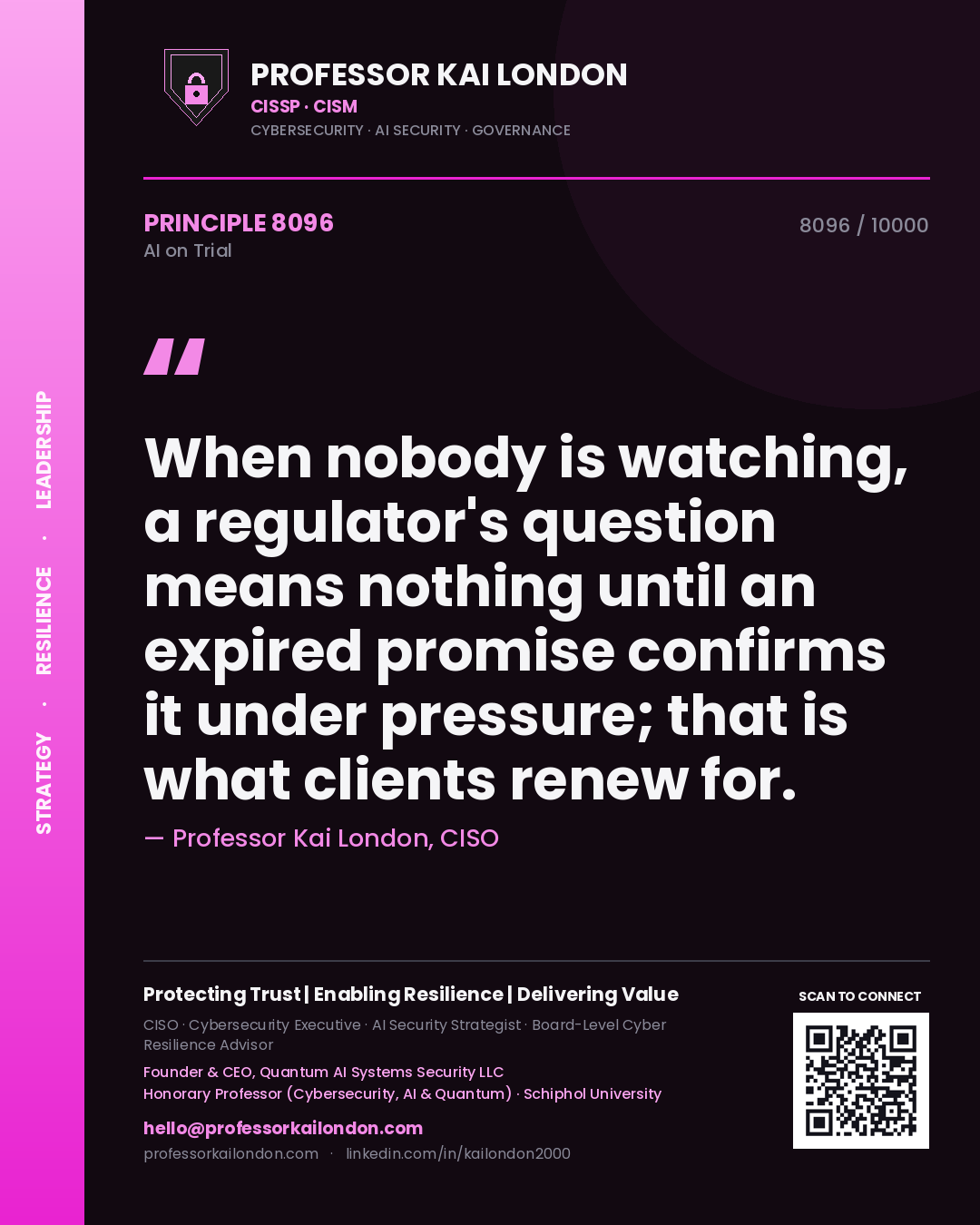 Professor Kai London principle 8096: When nobody is watching, a regulator's question means nothing until an expired promise confirms it under pressure; that is what clients renew for.