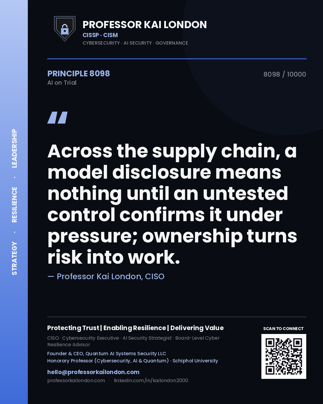 Professor Kai London principle 8098: Across the supply chain, a model disclosure means nothing until an untested control confirms it under pressure; ownership turns risk into work.