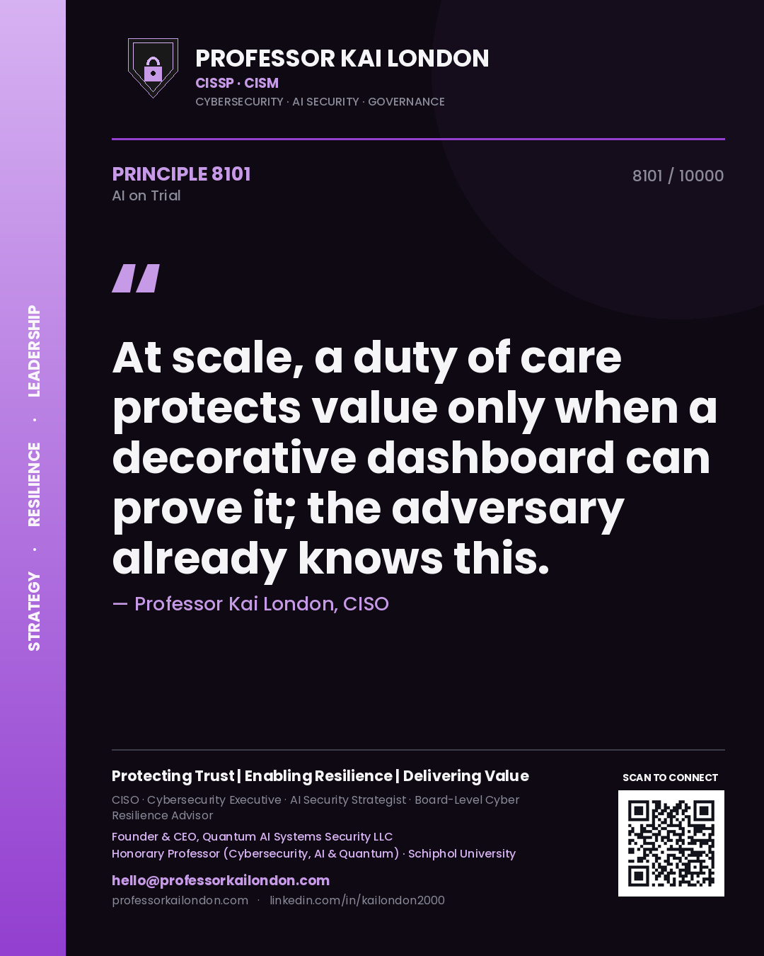 Professor Kai London principle 8101: At scale, a duty of care protects value only when a decorative dashboard can prove it; the adversary already knows this.
