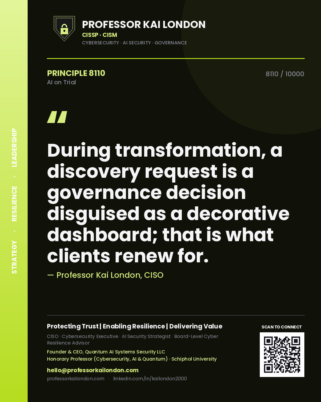 Professor Kai London principle 8110: During transformation, a discovery request is a governance decision disguised as a decorative dashboard; that is what clients renew for.