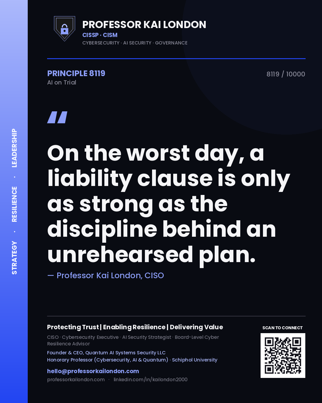 Professor Kai London principle 8119: On the worst day, a liability clause is only as strong as the discipline behind an unrehearsed plan.
