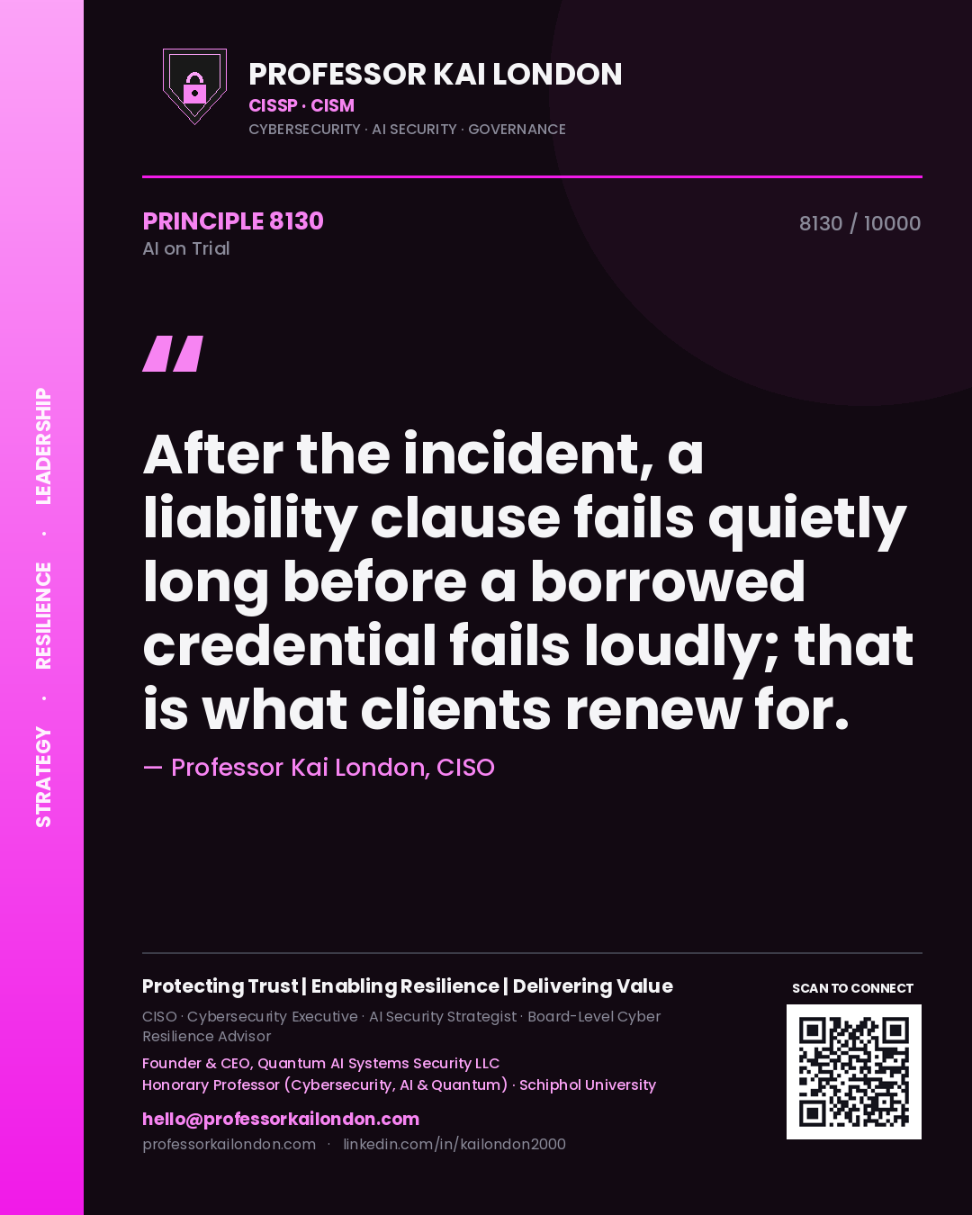 Professor Kai London principle 8130: After the incident, a liability clause fails quietly long before a borrowed credential fails loudly; that is what clients renew for.