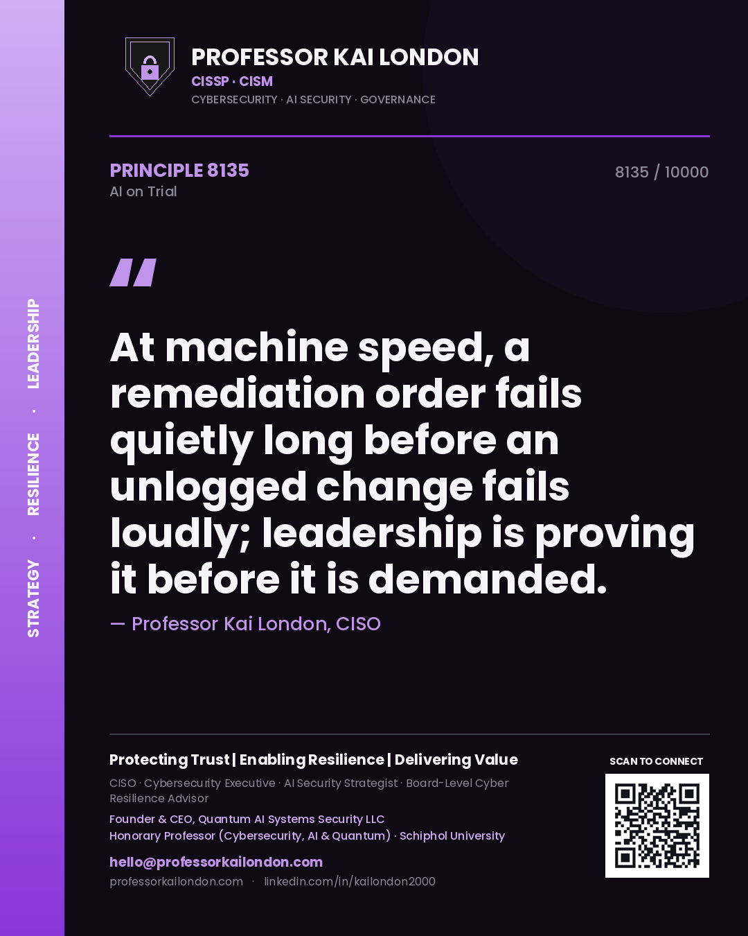 Professor Kai London principle 8135: At machine speed, a remediation order fails quietly long before an unlogged change fails loudly; leadership is proving it before it is demanded.
