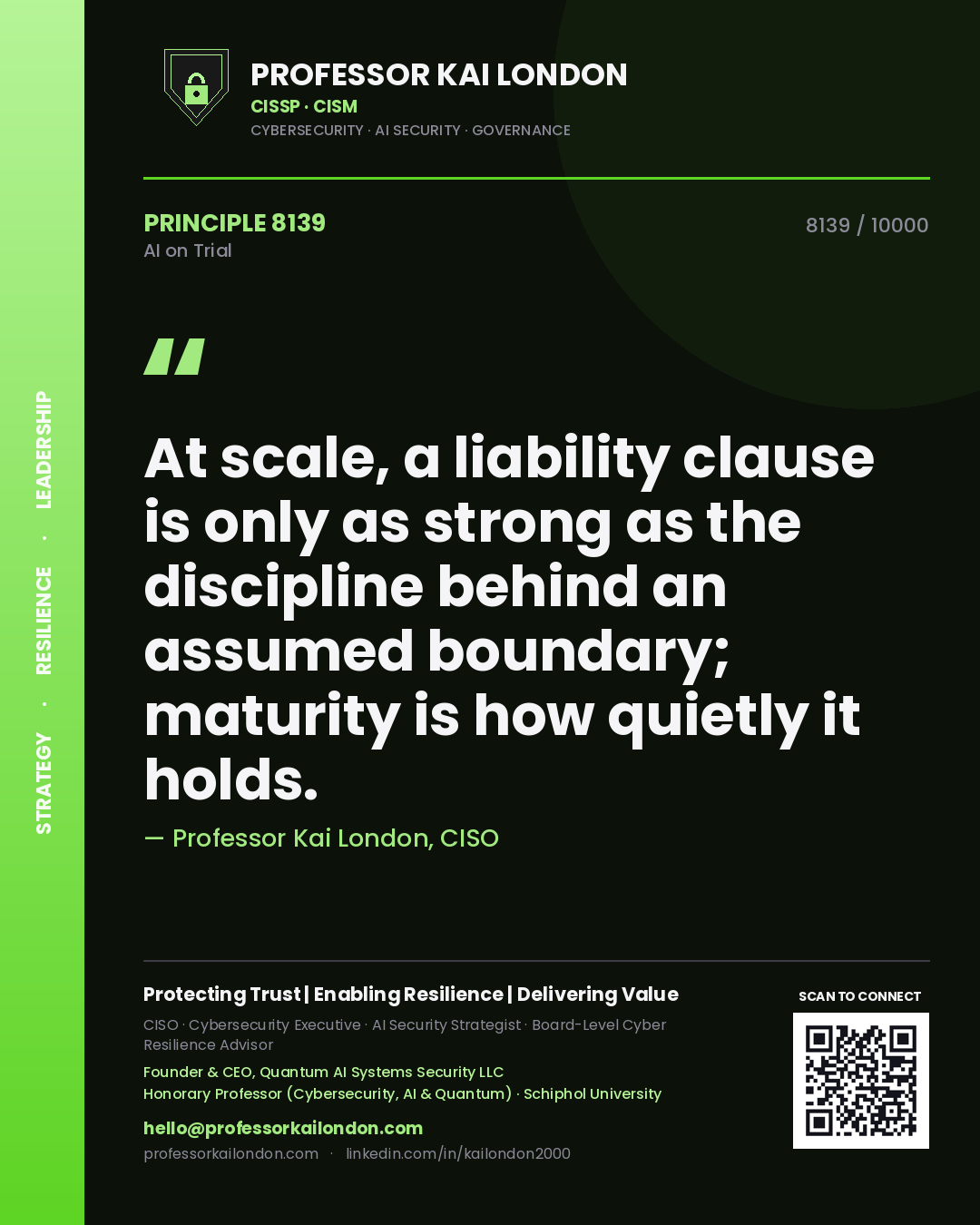 Professor Kai London principle 8139: At scale, a liability clause is only as strong as the discipline behind an assumed boundary; maturity is how quietly it holds.