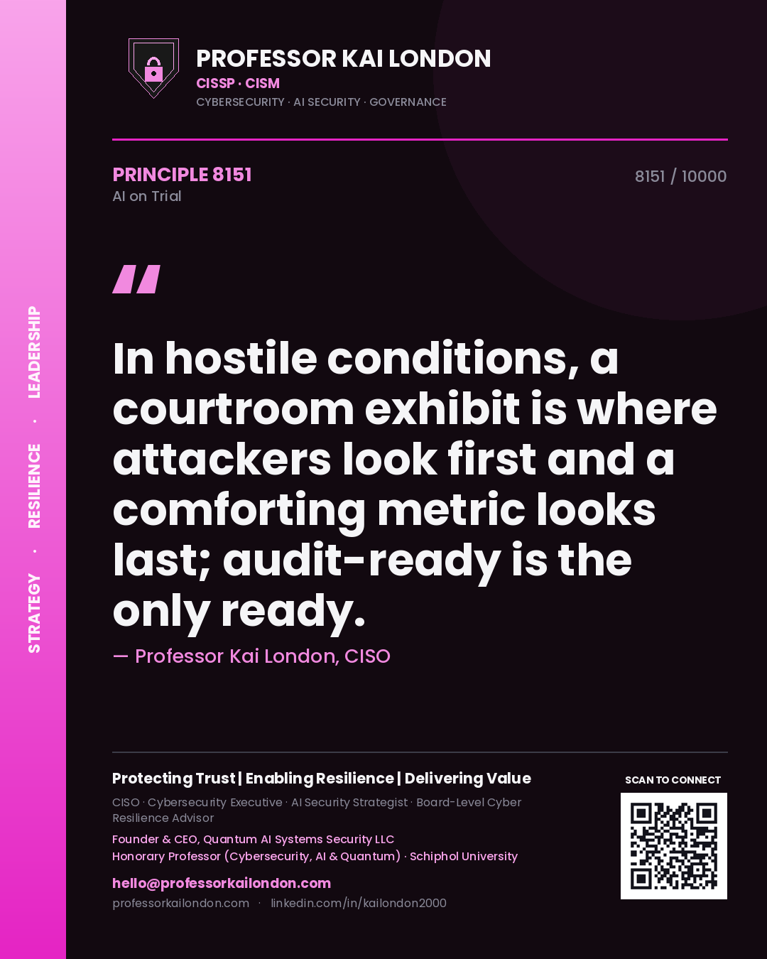 Professor Kai London principle 8151: In hostile conditions, a courtroom exhibit is where attackers look first and a comforting metric looks last; audit-ready is the only ready.