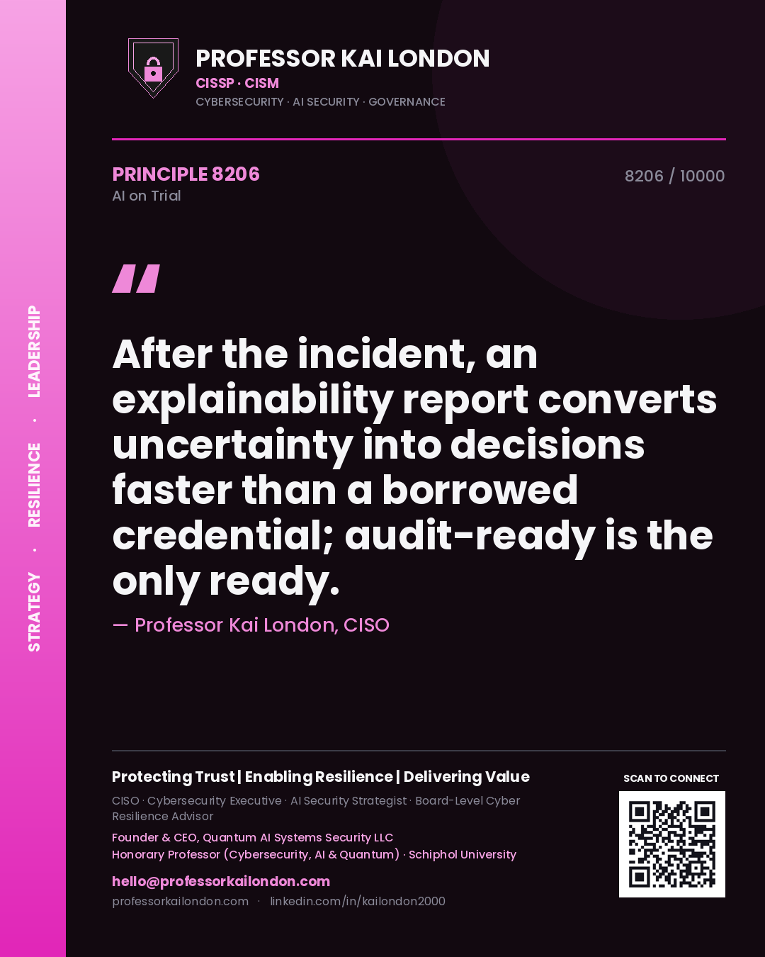 Professor Kai London principle 8206: After the incident, an explainability report converts uncertainty into decisions faster than a borrowed credential; audit-ready is the only ready.