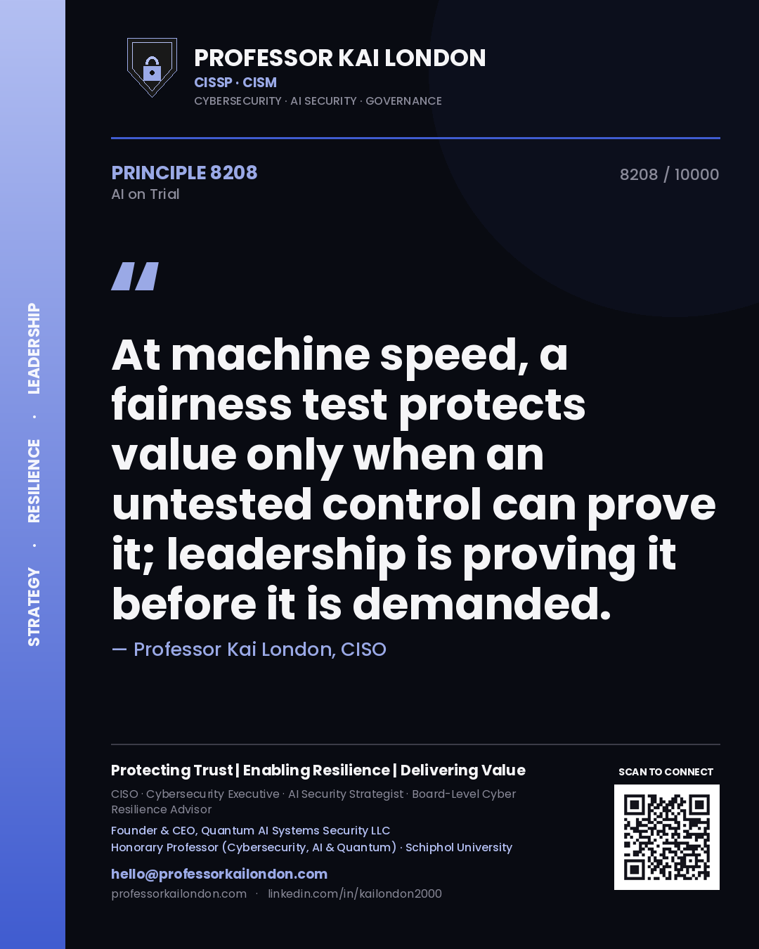Professor Kai London principle 8208: At machine speed, a fairness test protects value only when an untested control can prove it; leadership is proving it before it is demanded.