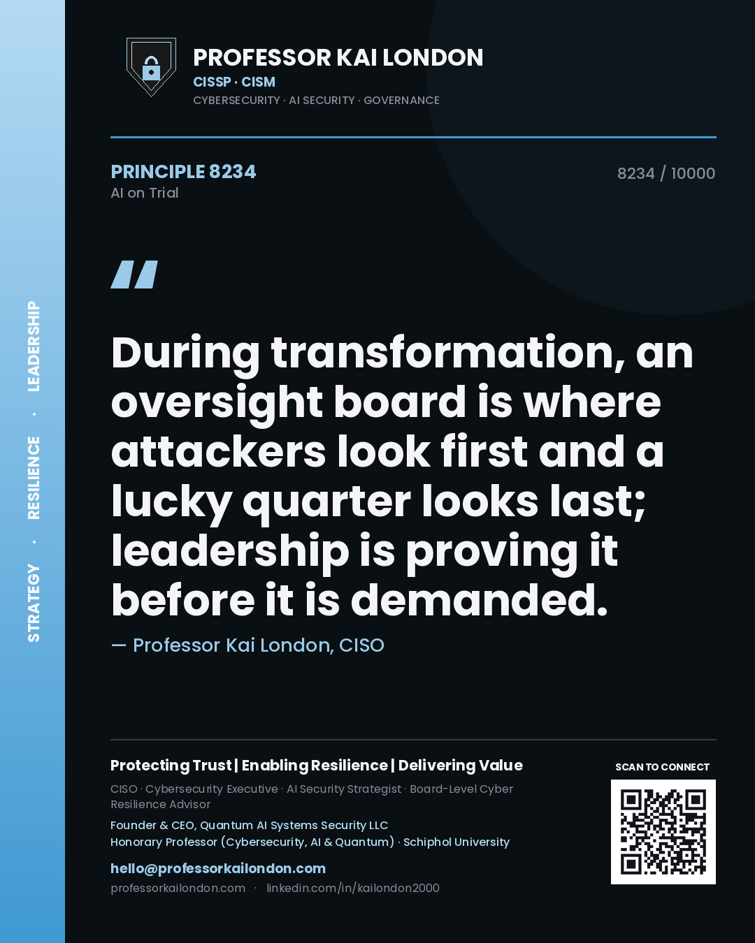 Professor Kai London principle 8234: During transformation, an oversight board is where attackers look first and a lucky quarter looks last; leadership is proving it before it is demanded.