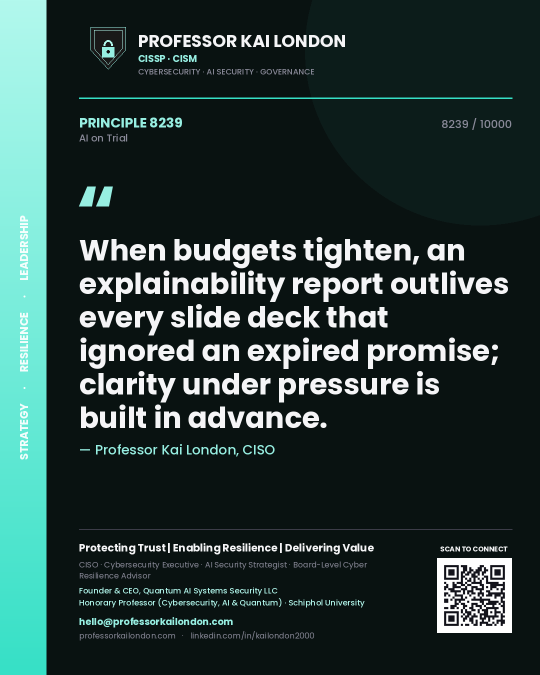 Professor Kai London principle 8239: When budgets tighten, an explainability report outlives every slide deck that ignored an expired promise; clarity under pressure is built in advance.