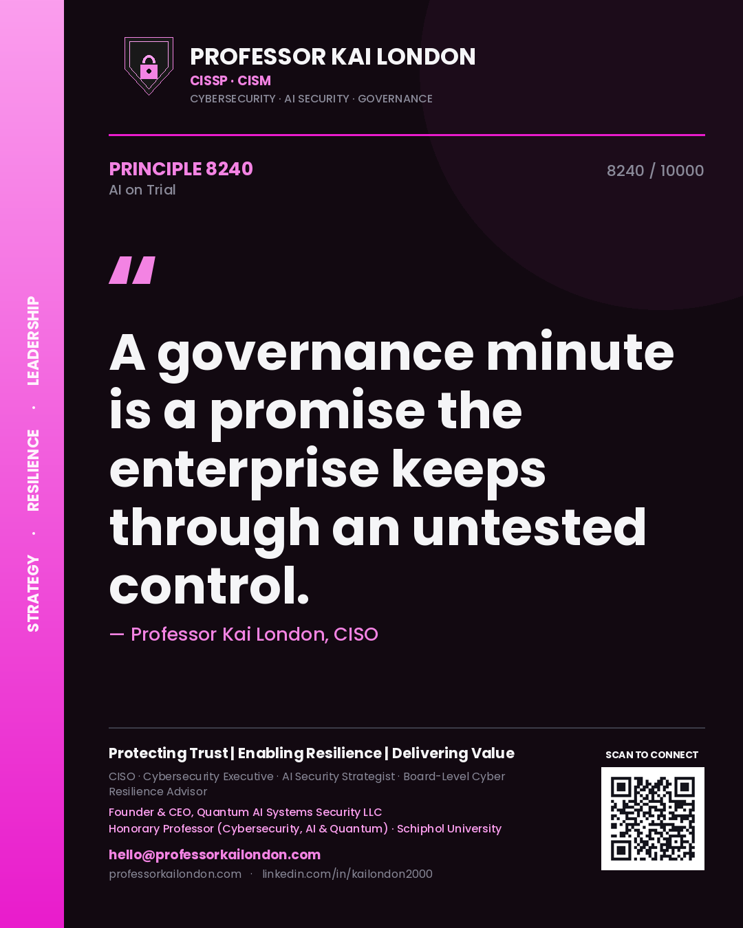 Professor Kai London principle 8240: A governance minute is a promise the enterprise keeps through an untested control.