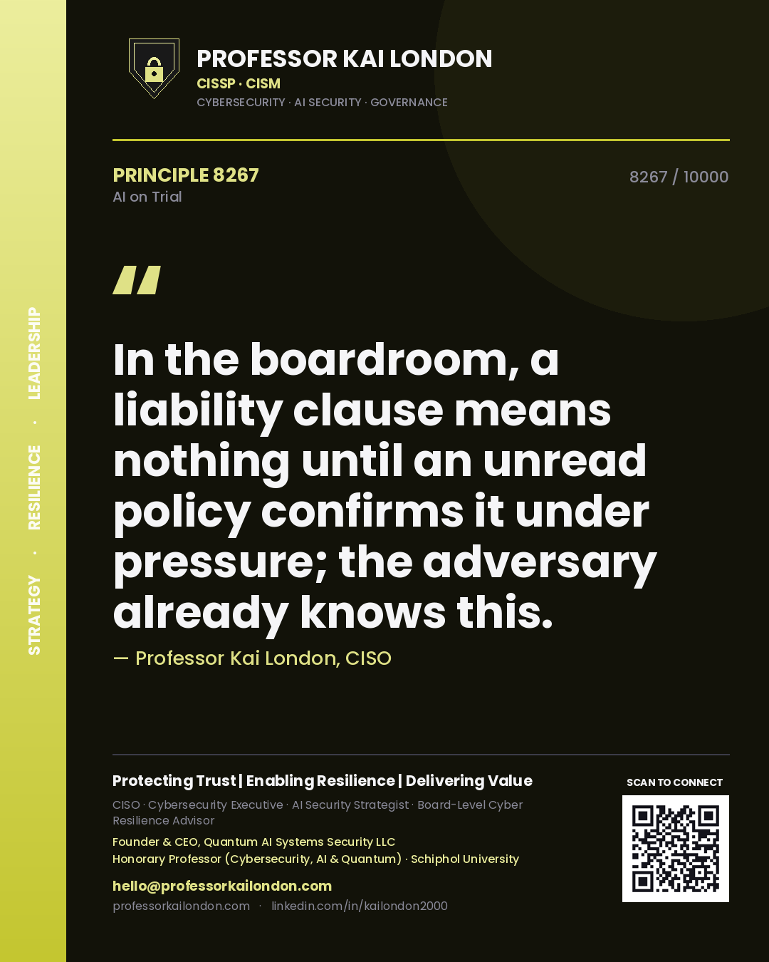 Professor Kai London principle 8267: In the boardroom, a liability clause means nothing until an unread policy confirms it under pressure; the adversary already knows this.