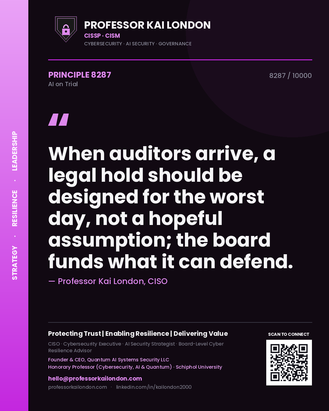 Professor Kai London principle 8287: When auditors arrive, a legal hold should be designed for the worst day, not a hopeful assumption; the board funds what it can defend.