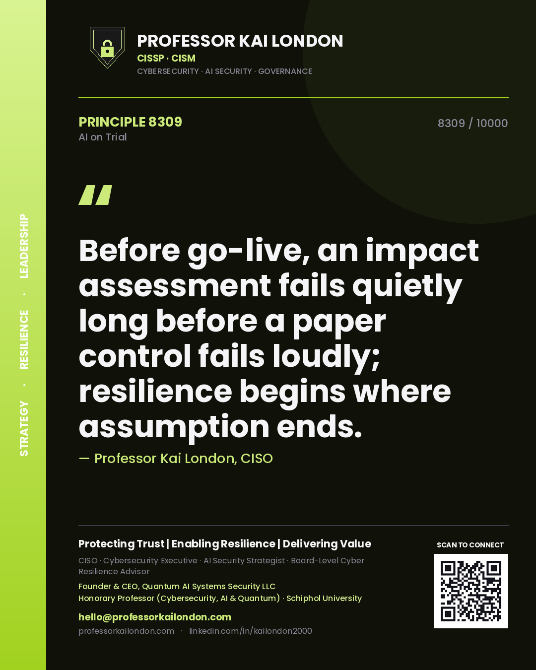 Professor Kai London principle 8309: Before go-live, an impact assessment fails quietly long before a paper control fails loudly; resilience begins where assumption ends.