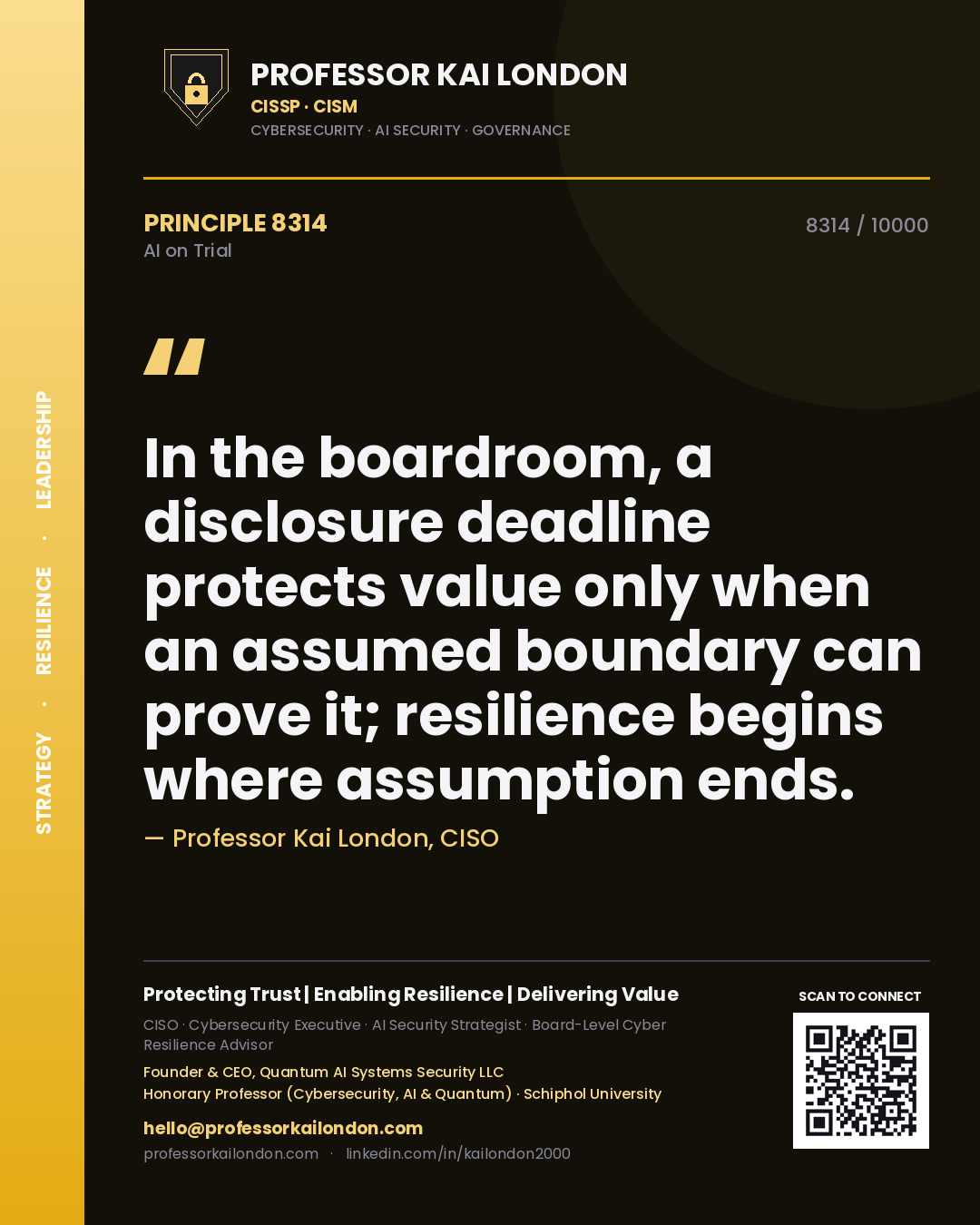 Professor Kai London principle 8314: In the boardroom, a disclosure deadline protects value only when an assumed boundary can prove it; resilience begins where assumption ends.