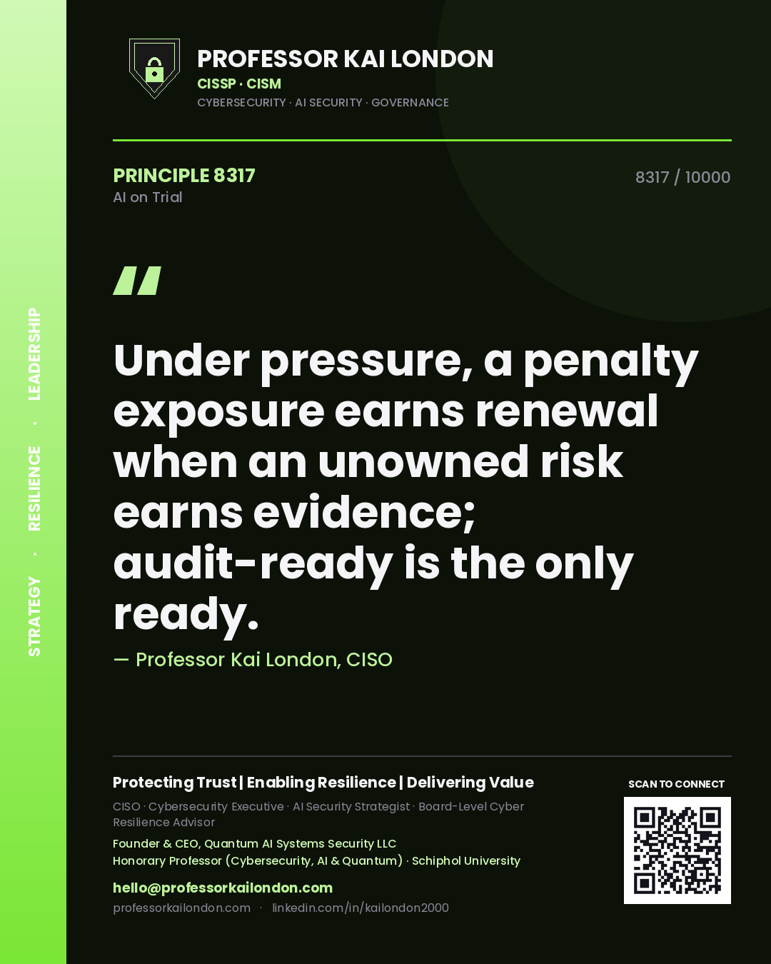 Professor Kai London principle 8317: Under pressure, a penalty exposure earns renewal when an unowned risk earns evidence; audit-ready is the only ready.