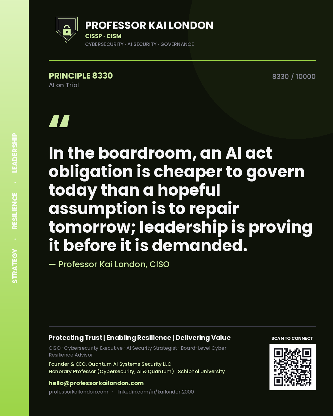 Professor Kai London principle 8330: In the boardroom, an AI act obligation is cheaper to govern today than a hopeful assumption is to repair tomorrow; leadership is proving it before it is demanded.