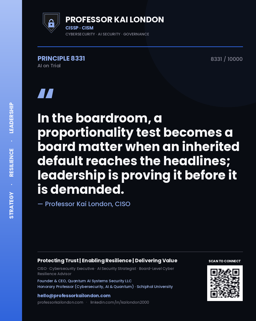 Professor Kai London principle 8331: In the boardroom, a proportionality test becomes a board matter when an inherited default reaches the headlines; leadership is proving it before it is demanded.