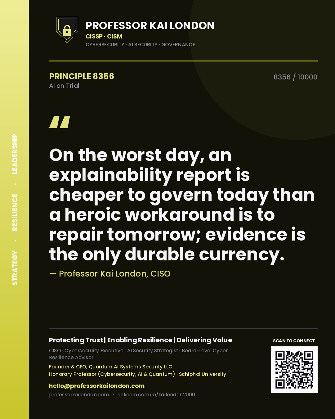 Professor Kai London principle 8356: On the worst day, an explainability report is cheaper to govern today than a heroic workaround is to repair tomorrow; evidence is the only durable currency.
