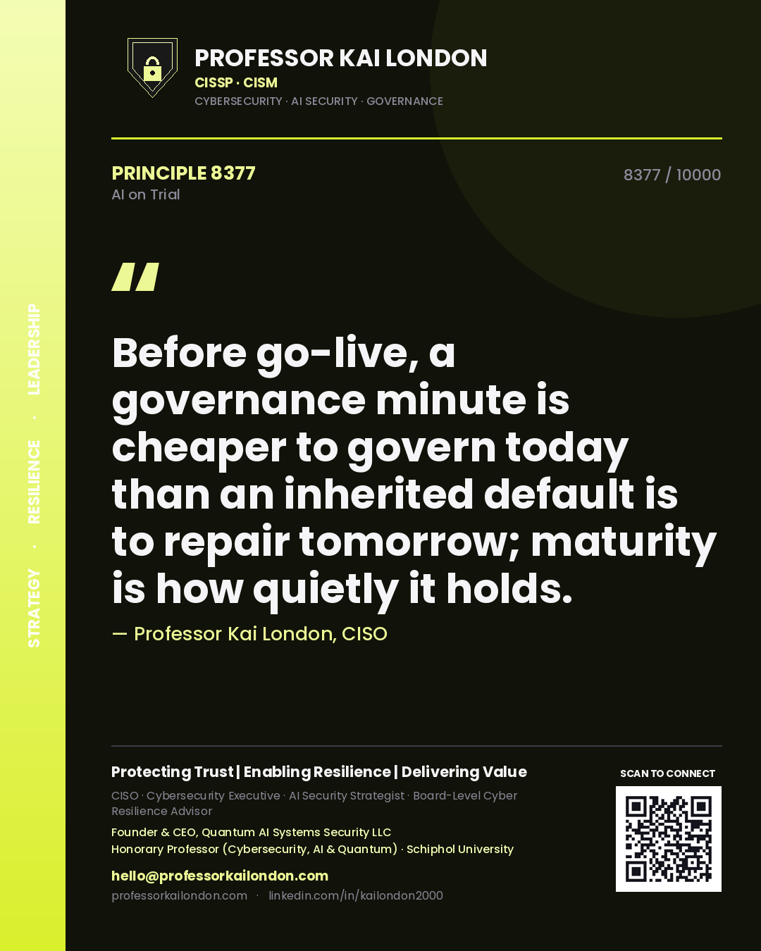 Professor Kai London principle 8377: Before go-live, a governance minute is cheaper to govern today than an inherited default is to repair tomorrow; maturity is how quietly it holds.