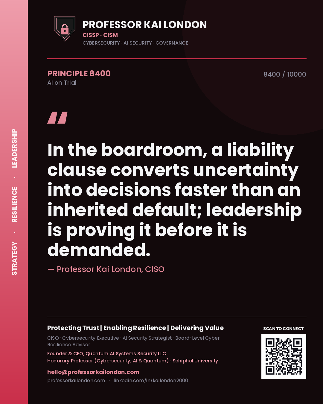 Professor Kai London principle 8400: In the boardroom, a liability clause converts uncertainty into decisions faster than an inherited default; leadership is proving it before it is demanded.