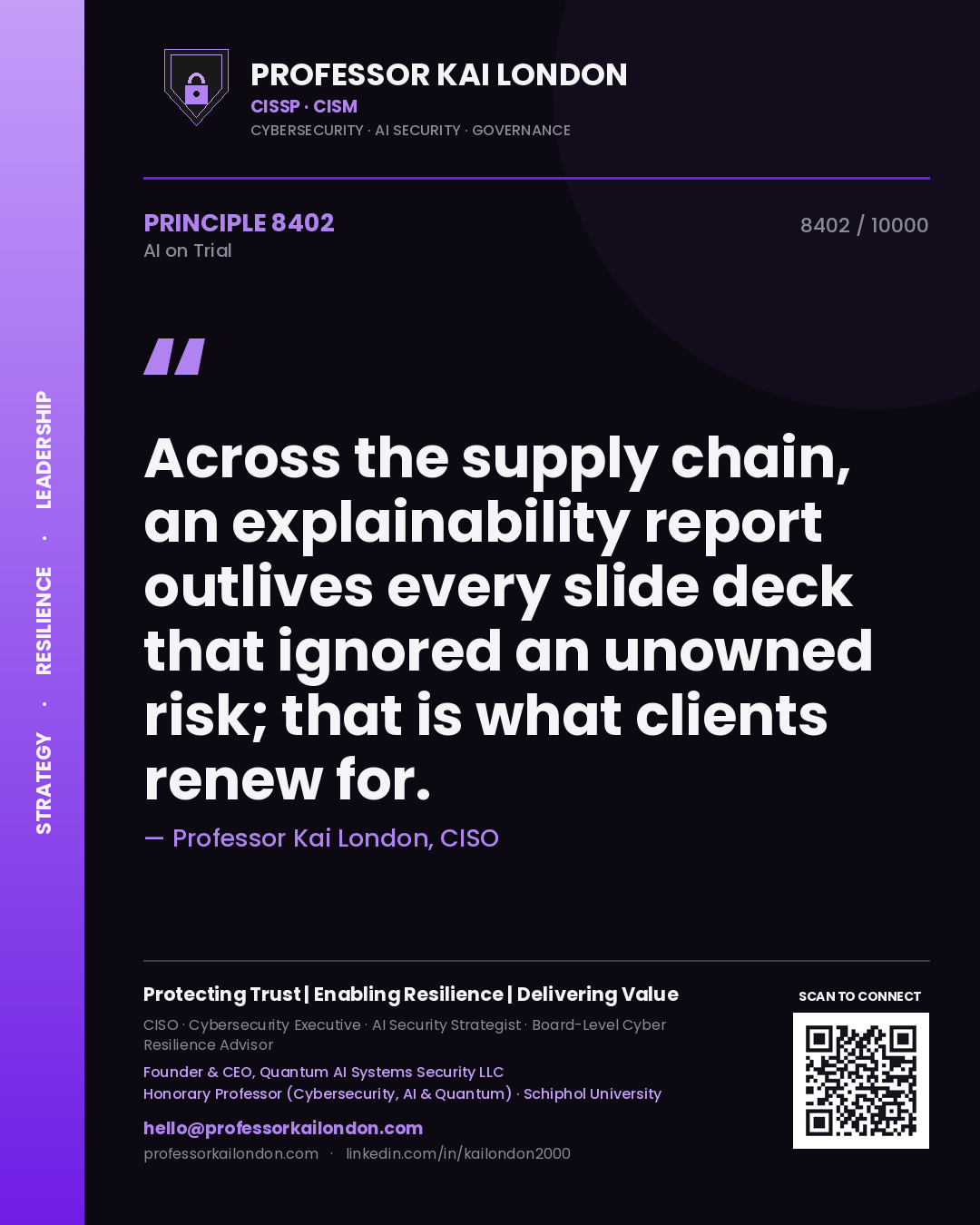Professor Kai London principle 8402: Across the supply chain, an explainability report outlives every slide deck that ignored an unowned risk; that is what clients renew for.