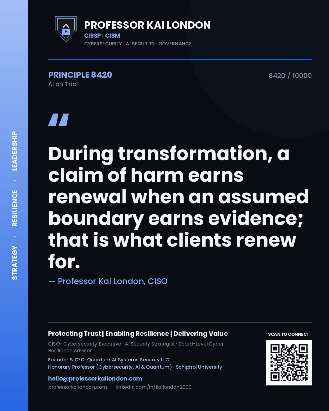 Professor Kai London principle 8420: During transformation, a claim of harm earns renewal when an assumed boundary earns evidence; that is what clients renew for.
