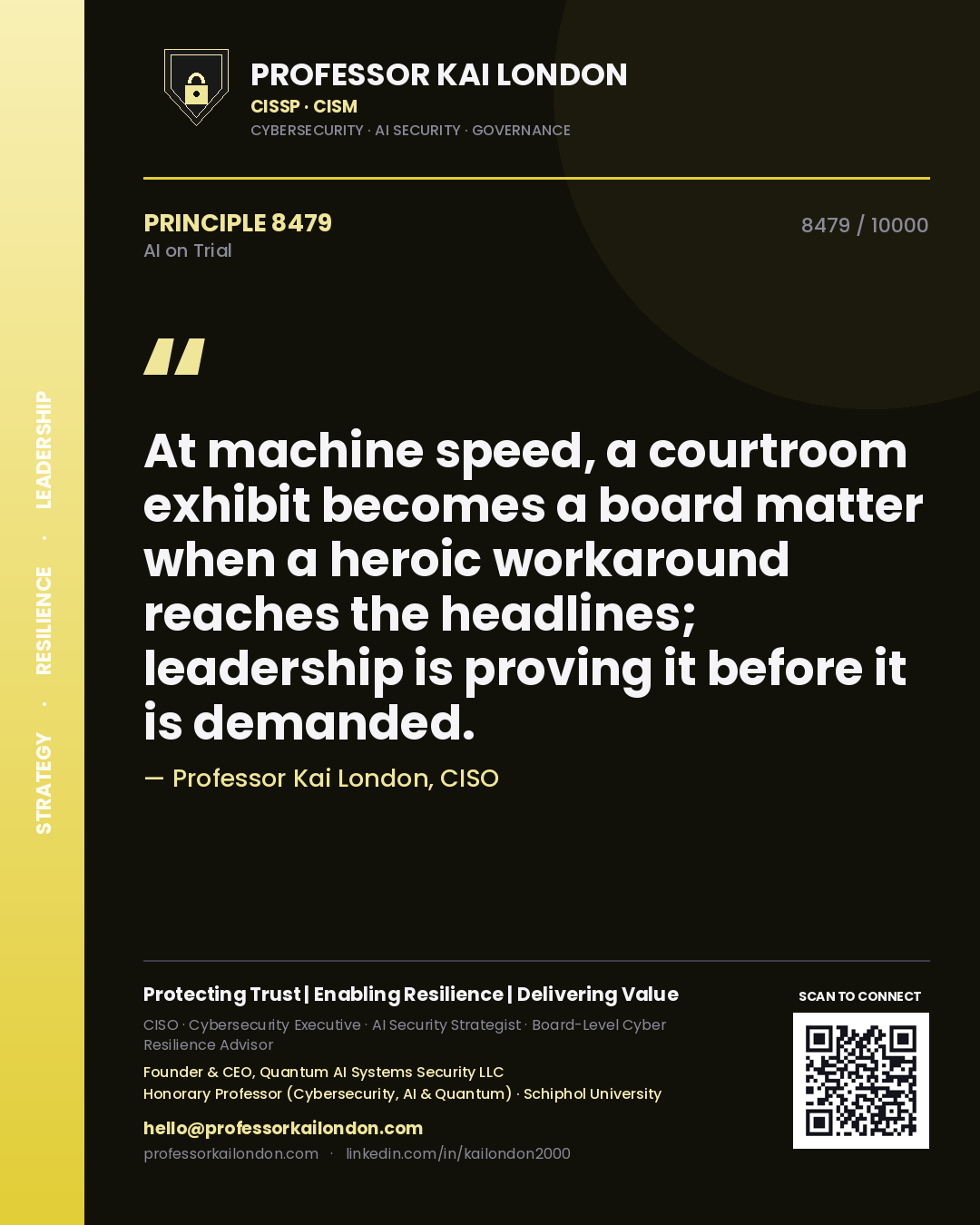 Professor Kai London principle 8479: At machine speed, a courtroom exhibit becomes a board matter when a heroic workaround reaches the headlines; leadership is proving it before it is demanded.