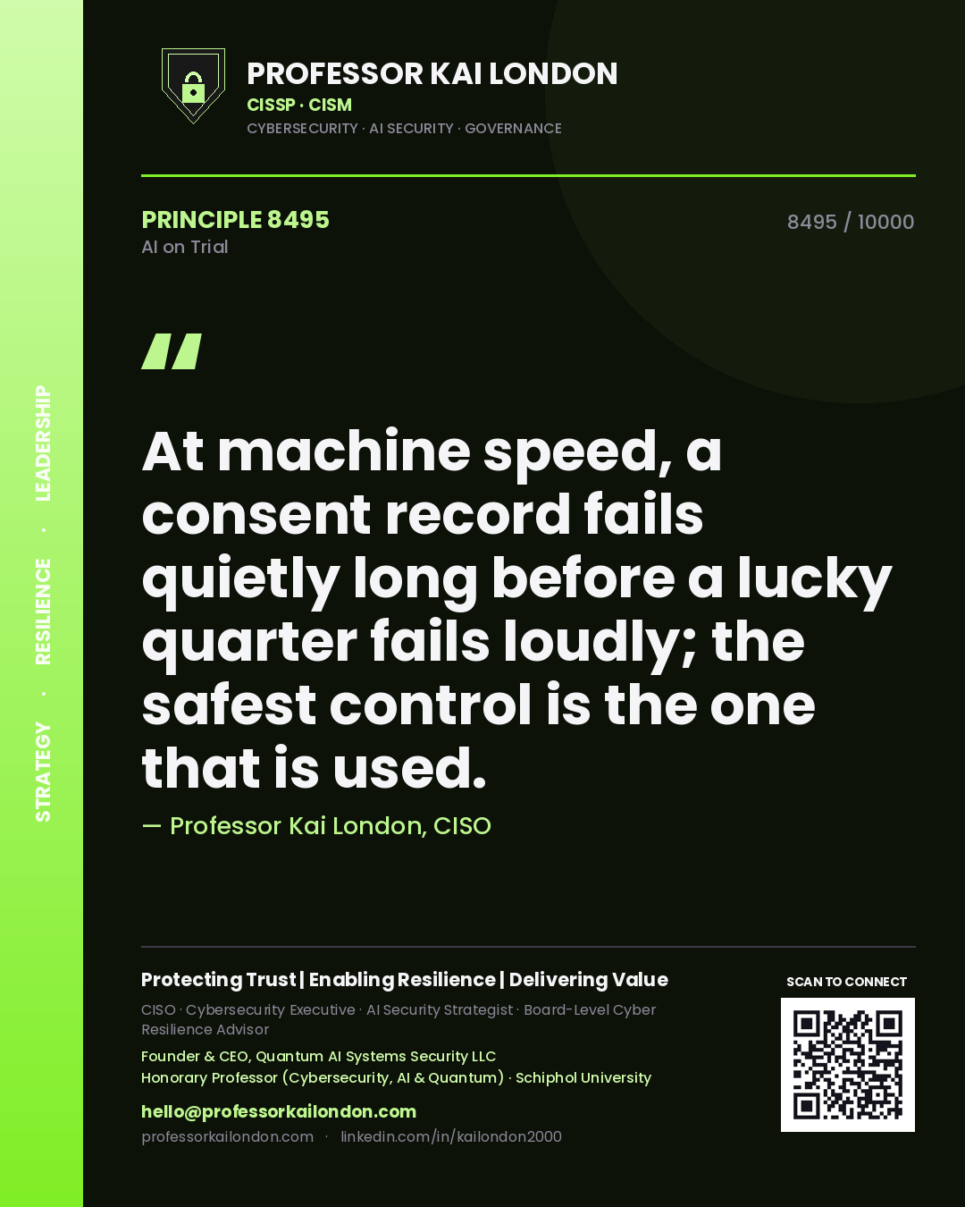 Professor Kai London principle 8495: At machine speed, a consent record fails quietly long before a lucky quarter fails loudly; the safest control is the one that is used.