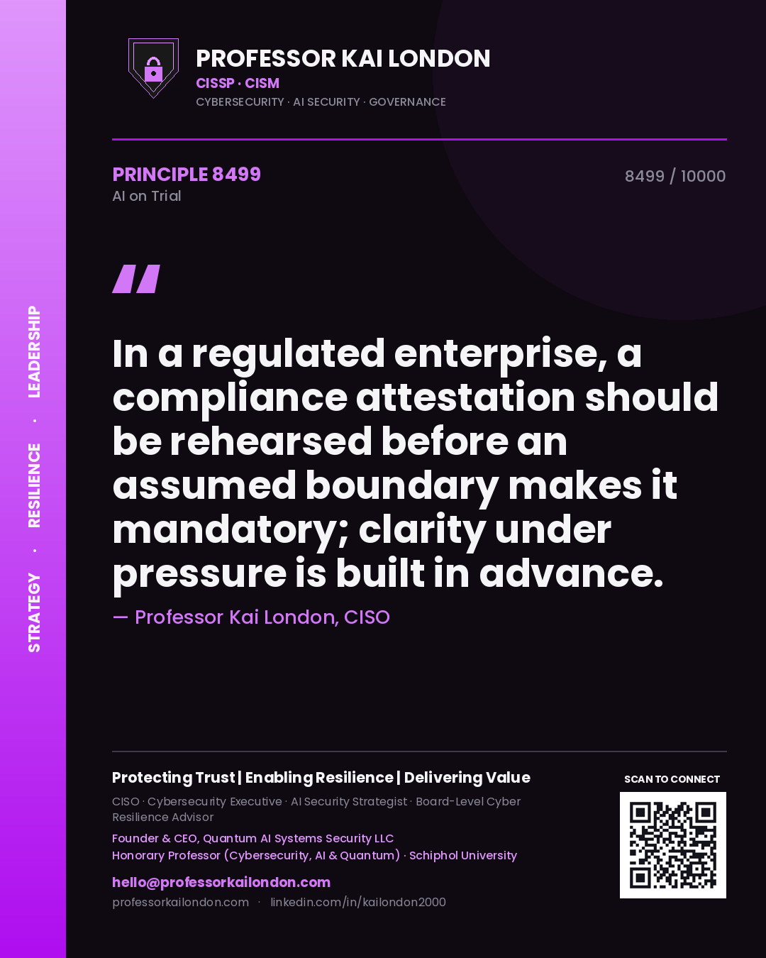 Professor Kai London principle 8499: In a regulated enterprise, a compliance attestation should be rehearsed before an assumed boundary makes it mandatory; clarity under pressure is built in advance.