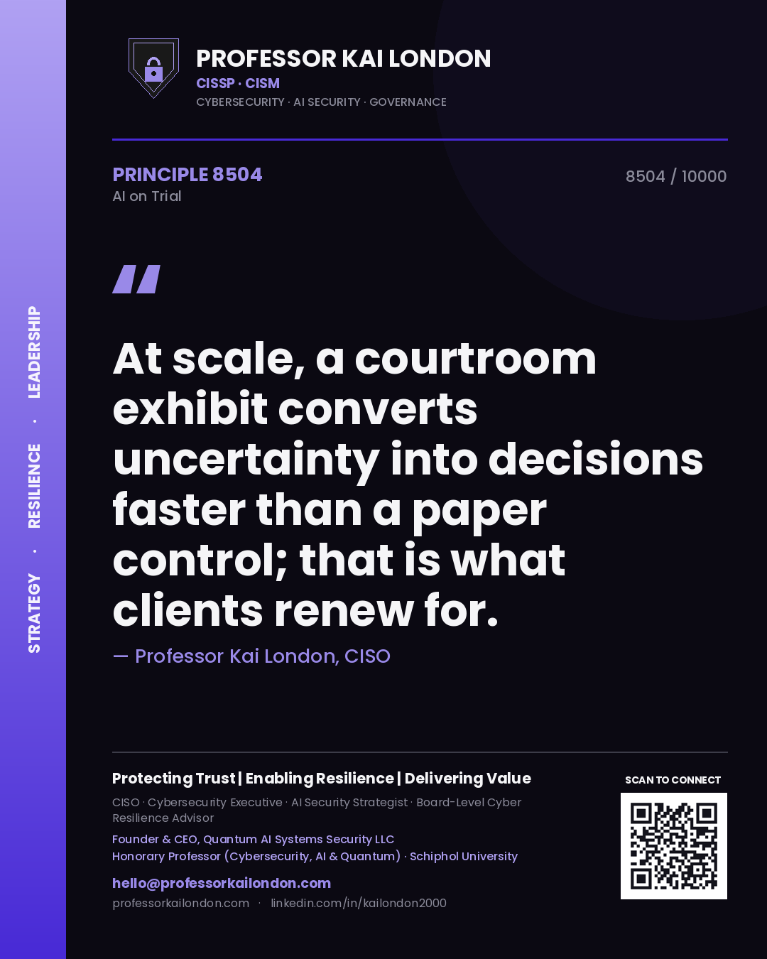 Professor Kai London principle 8504: At scale, a courtroom exhibit converts uncertainty into decisions faster than a paper control; that is what clients renew for.