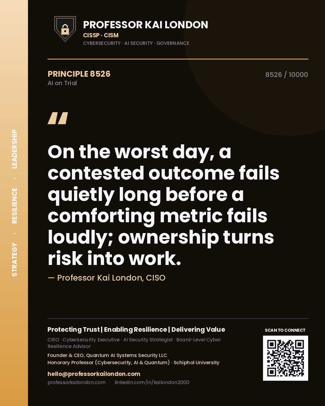 Professor Kai London principle 8526: On the worst day, a contested outcome fails quietly long before a comforting metric fails loudly; ownership turns risk into work.