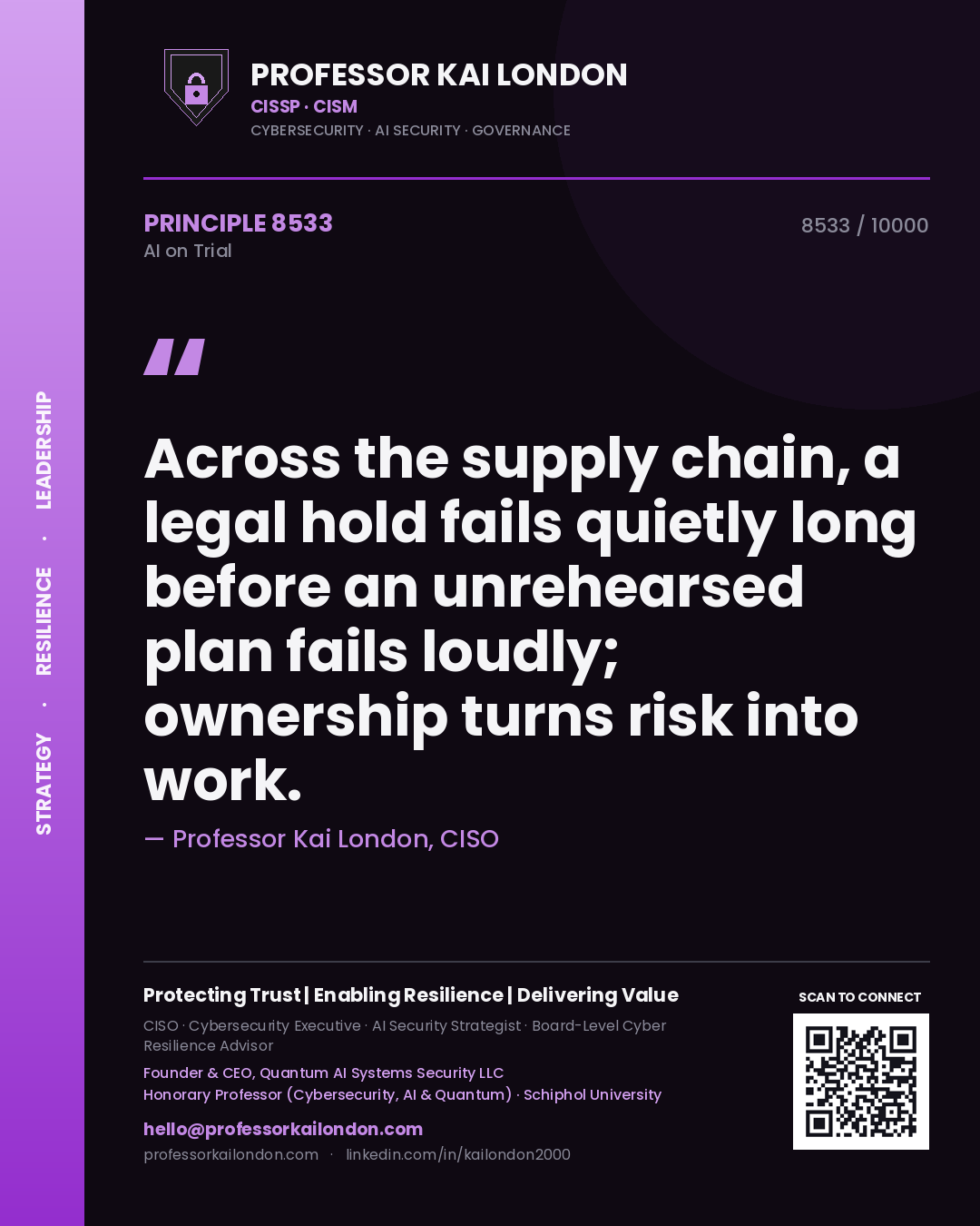 Professor Kai London principle 8533: Across the supply chain, a legal hold fails quietly long before an unrehearsed plan fails loudly; ownership turns risk into work.