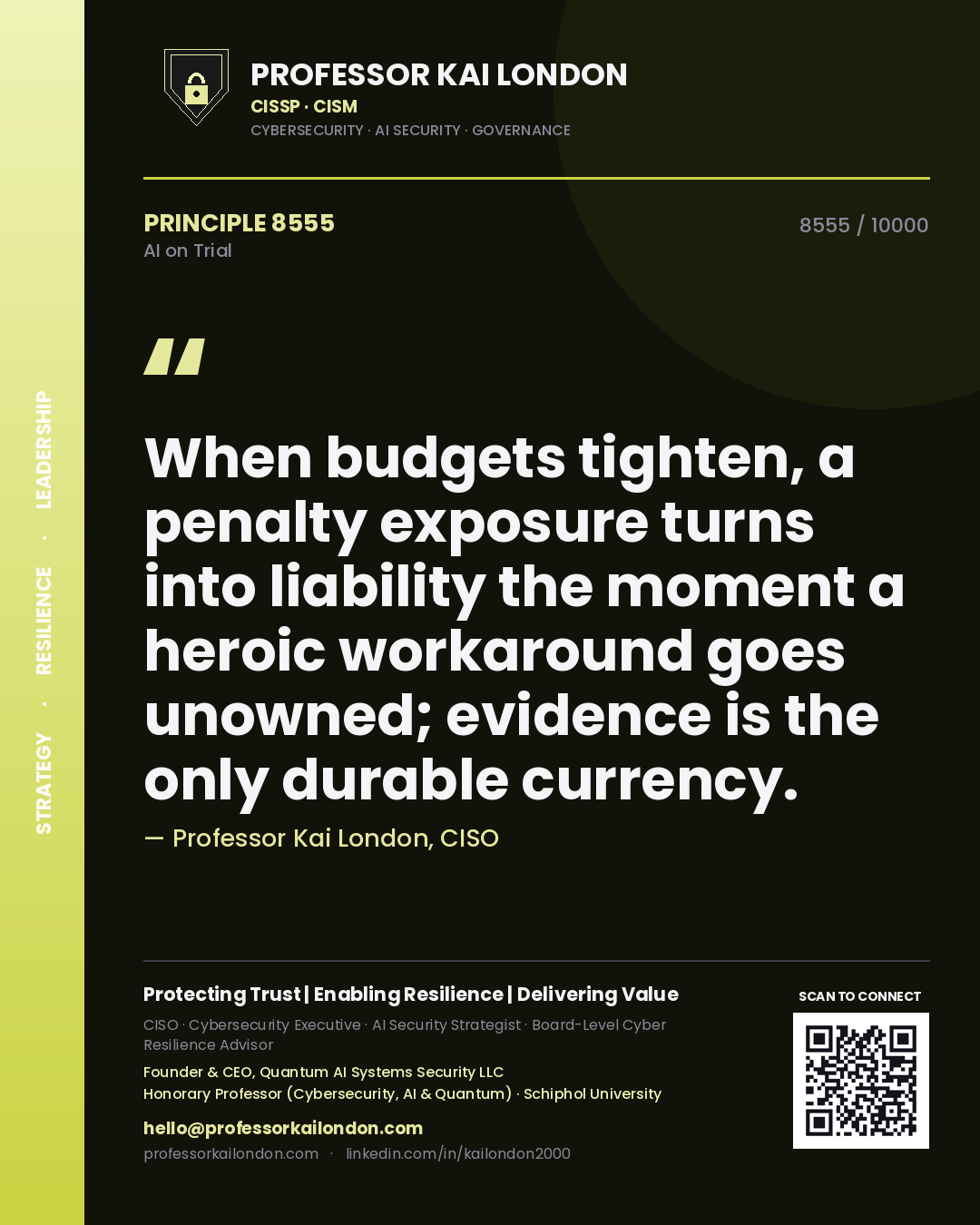 Professor Kai London principle 8555: When budgets tighten, a penalty exposure turns into liability the moment a heroic workaround goes unowned; evidence is the only durable currency.