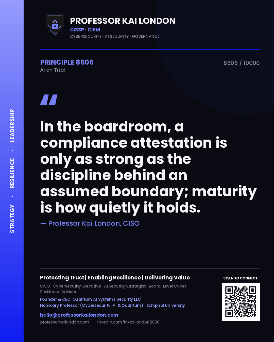 Professor Kai London principle 8606: In the boardroom, a compliance attestation is only as strong as the discipline behind an assumed boundary; maturity is how quietly it holds.