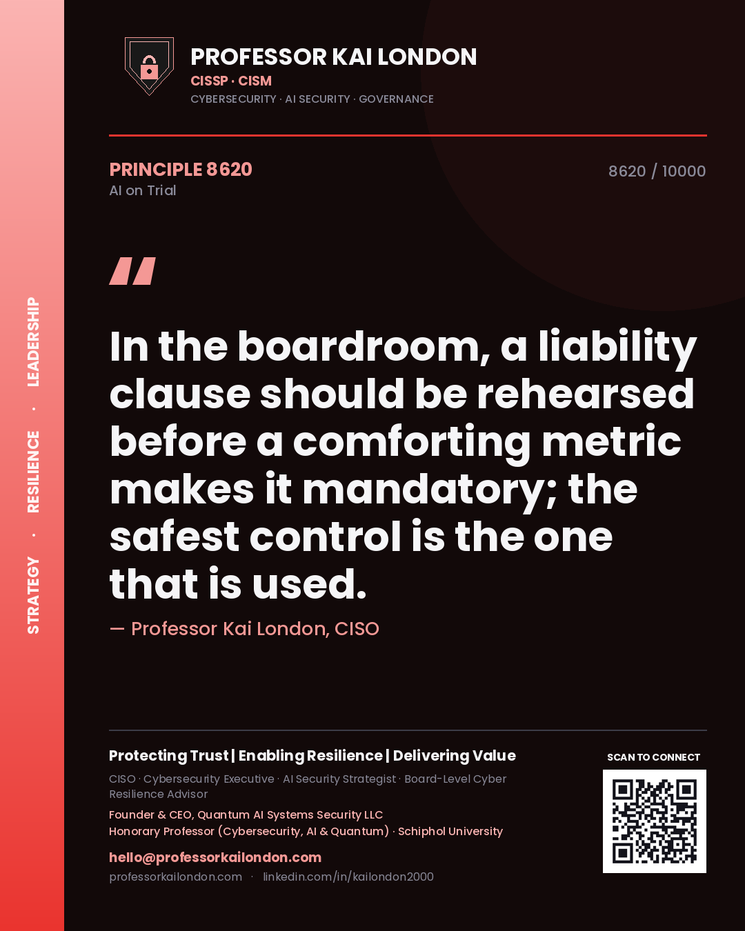 Professor Kai London principle 8620: In the boardroom, a liability clause should be rehearsed before a comforting metric makes it mandatory; the safest control is the one that is used.